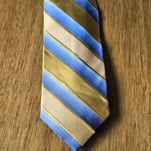 Siena Collezione Mens Gold Blue Striped Silk Hand Made Necktie Tie